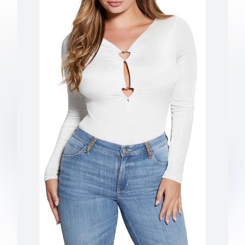 Guess Cream Cut-out Bodysuit with Heart Detail - Size XS